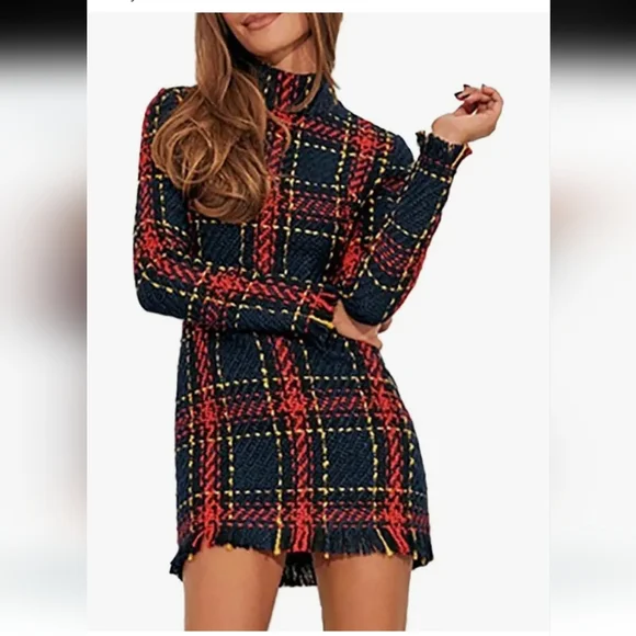 CBR Long Sleeve Plaid Dress - Red, Black, Blue And Yellow With Fringe Hem Sz S! - Picture 5 of 13